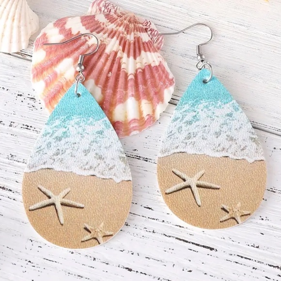 NEW FAUX LEATHER BEACH OCEAN SAND SEASHELLS DANGLE DROP LIGHTWEIGHT EARRINGS - Picture 6 of 6